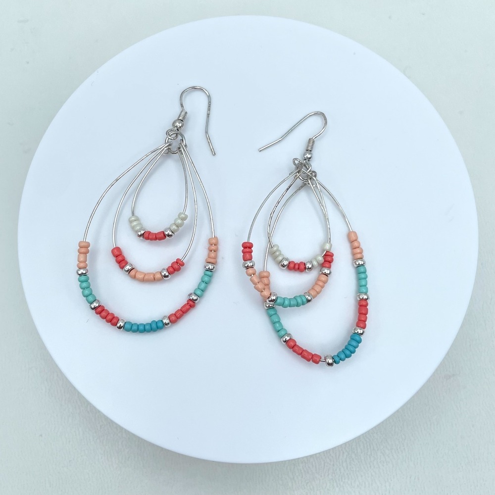 Vintage Y2K Silver Tone Teardrop Beaded Earrings Boho Women's Classic Jewelry